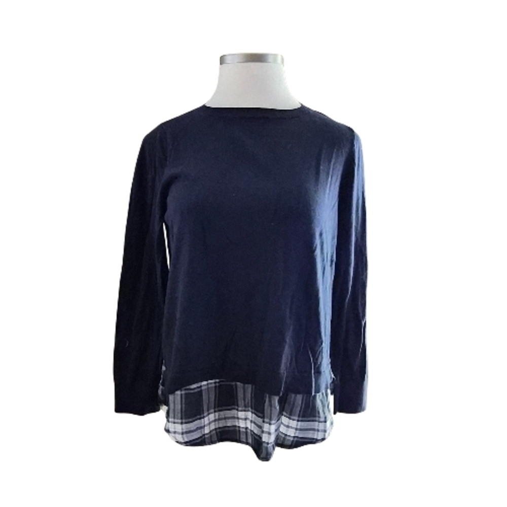 LOFT Navy Sweater with Plaid Hem